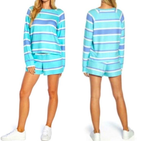 Wildfox Lounge Set - Sweatshirt and Shorts - Blue Stripes Size Large - Picture 1 of 16